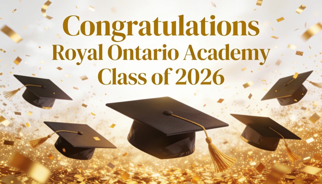 Graduation caps flying through gold confetti with text congratulating Royal Ontario Academy’s Class of 2026 graduates.