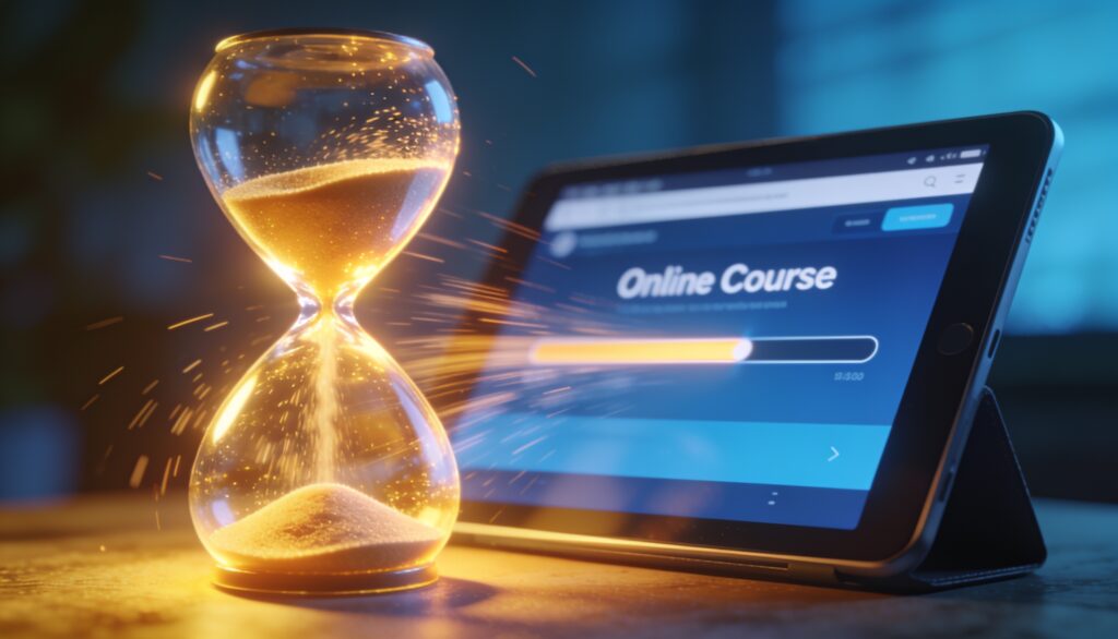 Hourglass beside a tablet showing an online course progress screen, representing how long it takes to finish an online OSSD course