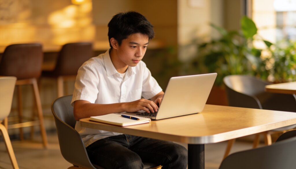 Hong Kong student studying online on a laptop at a table, representing flexible OSSD online learning with Royal Ontario Academy.
