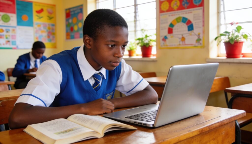 Rwandan high school student taking online courses at Royal Ontario Academy.