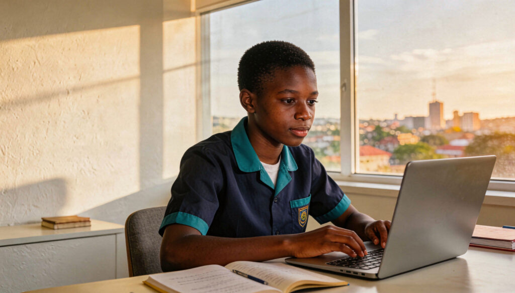 Ugandan student earning an Ontario Secondary School Diploma (OSSD) online through Royal Ontario Academy.