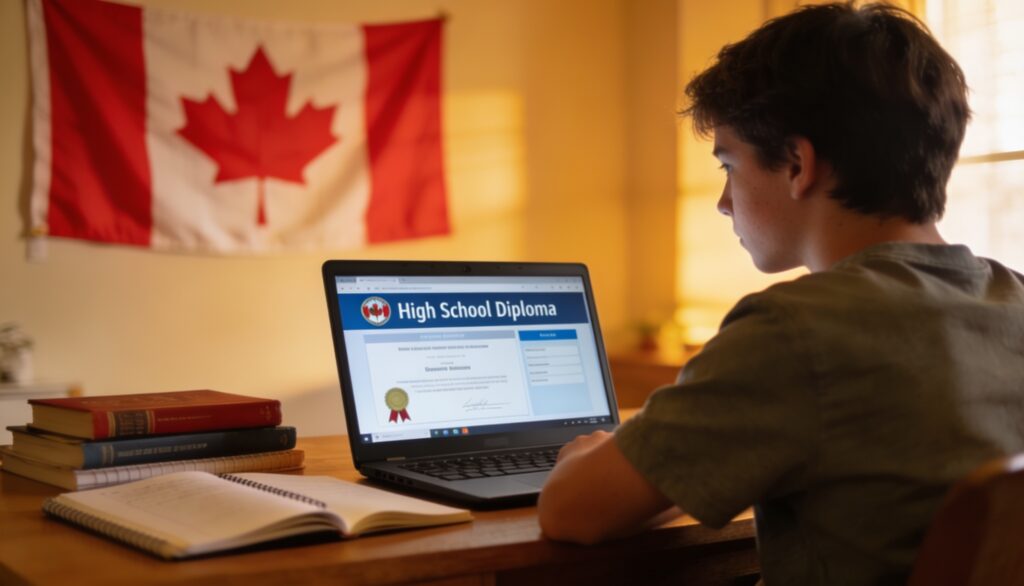 International student studying online, representing a pathway to earning an Ontario high school diploma through PLAR and online courses.