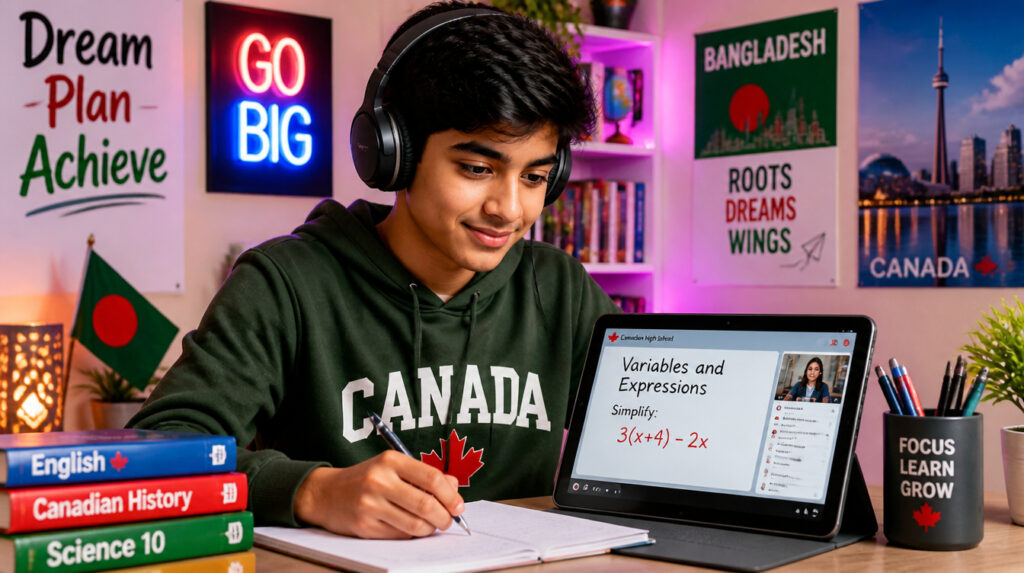 Bangladeshi student attending an online Canadian mathematics class for his Ontario Secondary School Diploma (OSSD), with Bangladeshi and Canadian decorations in his study space.