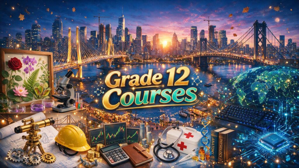 Grade 12 courses collage with symbols representing university pathways in engineering, science, business, health, and computer science.