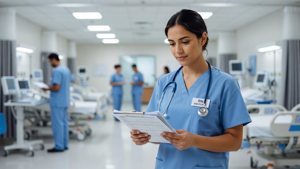 Nurse in scrubs reviewing a chart in a hospital, representing the Grade 12 courses needed for nursing admission in Ontario