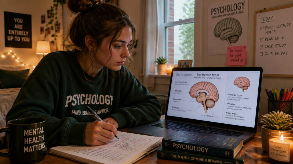 Student studying psychology at a laptop with brain anatomy notes, planning Grade 12 courses for university psychology admission in Ontario