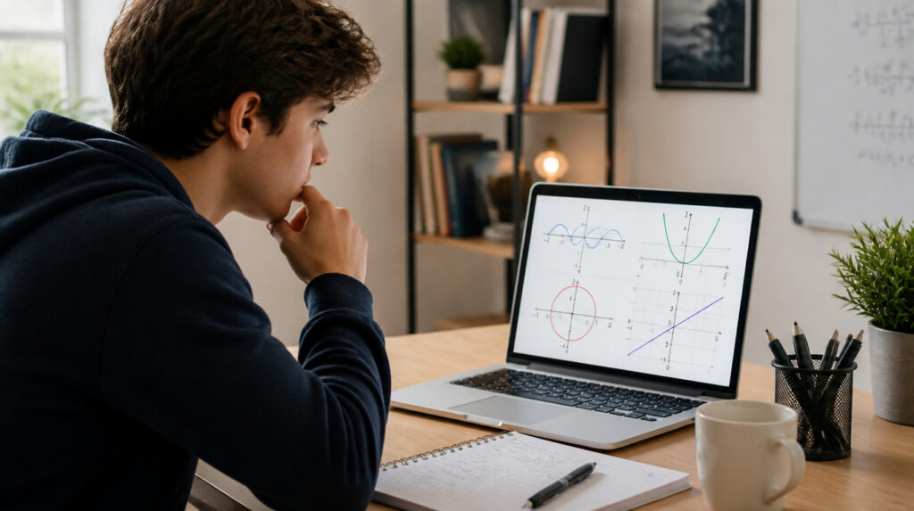 Student studying Advanced Functions graphs, including sine curves, a parabola, a circle, and a linear equation, on a laptop during an online Grade 12 math course