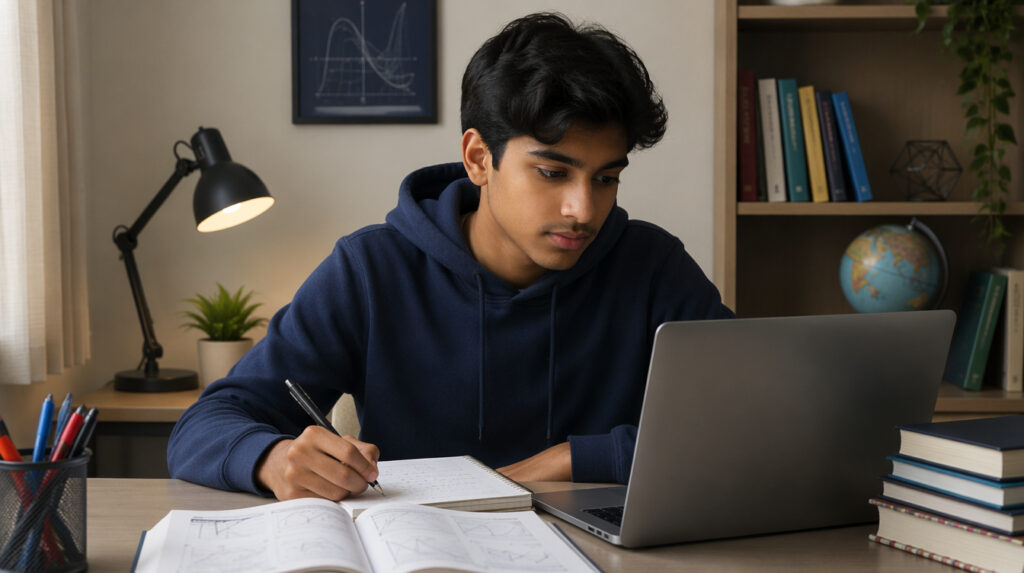 Student studying MHF4U Advanced Functions at home for Royal Ontario Academy's online Ontario math pathway