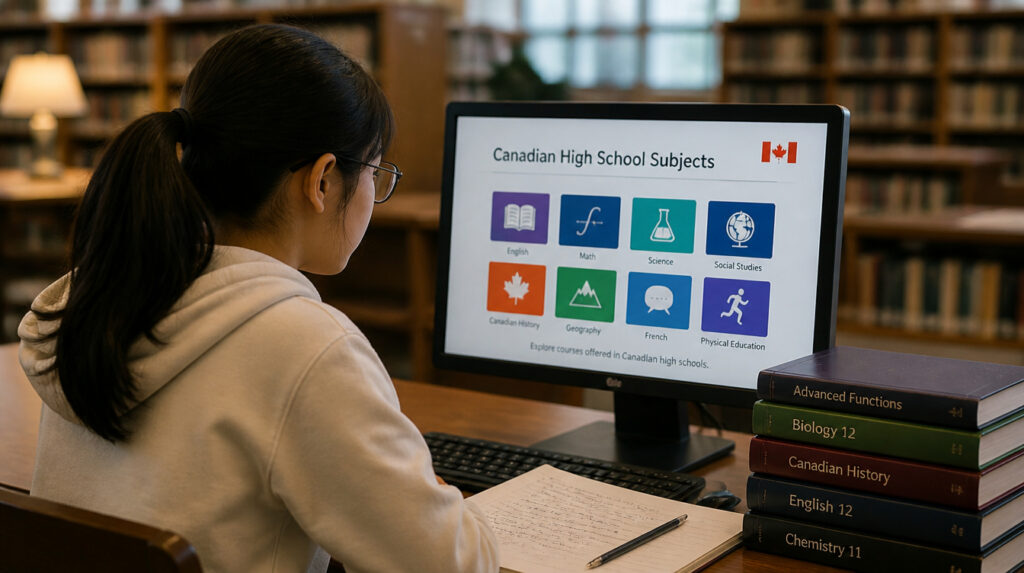Chinese student researching Canadian high school courses online for her Ontario Secondary School Diploma (OSSD), with Grade 11 and 12 textbooks nearby.