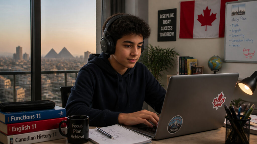 Egyptian student studying online for his Ontario OSSD, with the Cairo skyline and pyramids visible outside his window