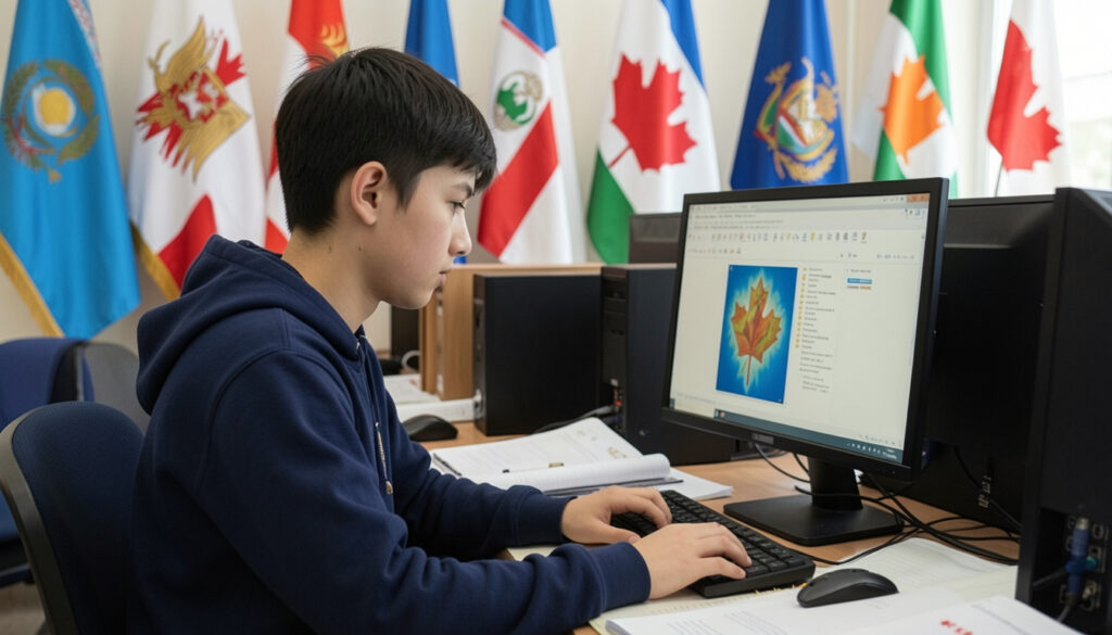 Kazakh student working on his Ontario OSSD studies at a desk surrounded by Canadian and international flags