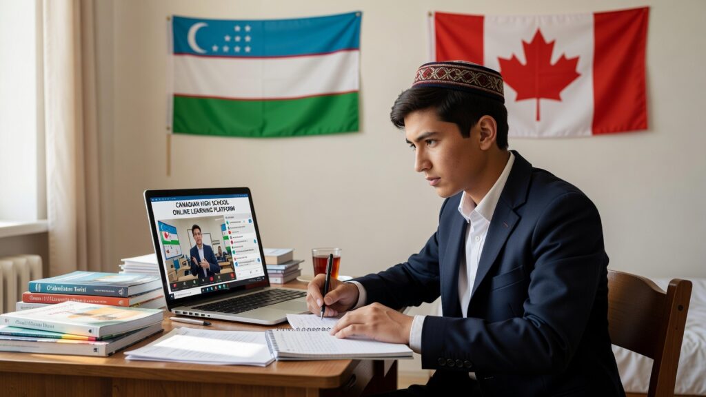 Uzbek student studying online for an Ontario Secondary School Diploma, with Uzbekistan and Canada flags in the background.