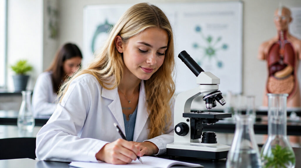 Grade 12 Ontario Secondary School Diploma (OSSD) biology student using a microscope in a science laboratory.