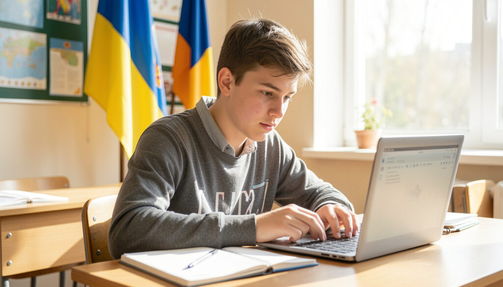 Ukrainian high school student studying online at Royal Ontario Academy.