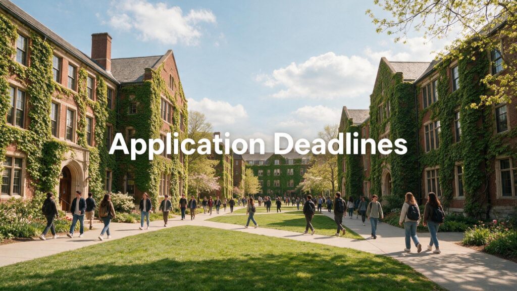 Royal Ontario Academy graduates on their university campus, with the heading Application Deadlines.