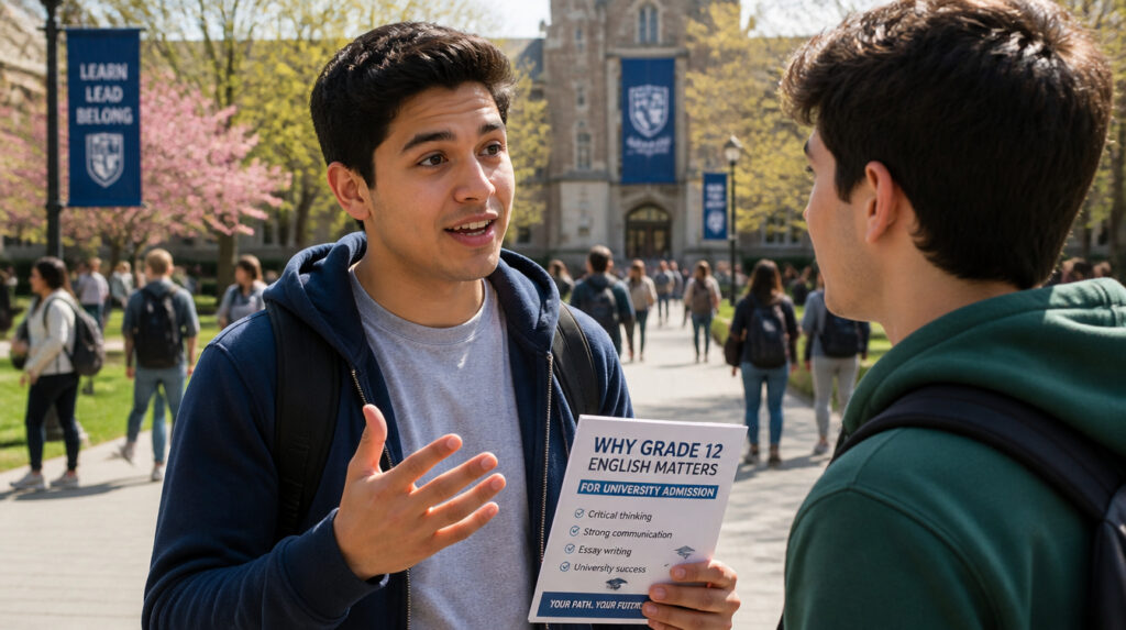 Two university students on campus discussing a flyer titled Why Grade 12 English Matters for University Admission