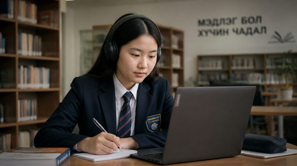 Mongolian high school student studying Royal Ontario Academy courses online.