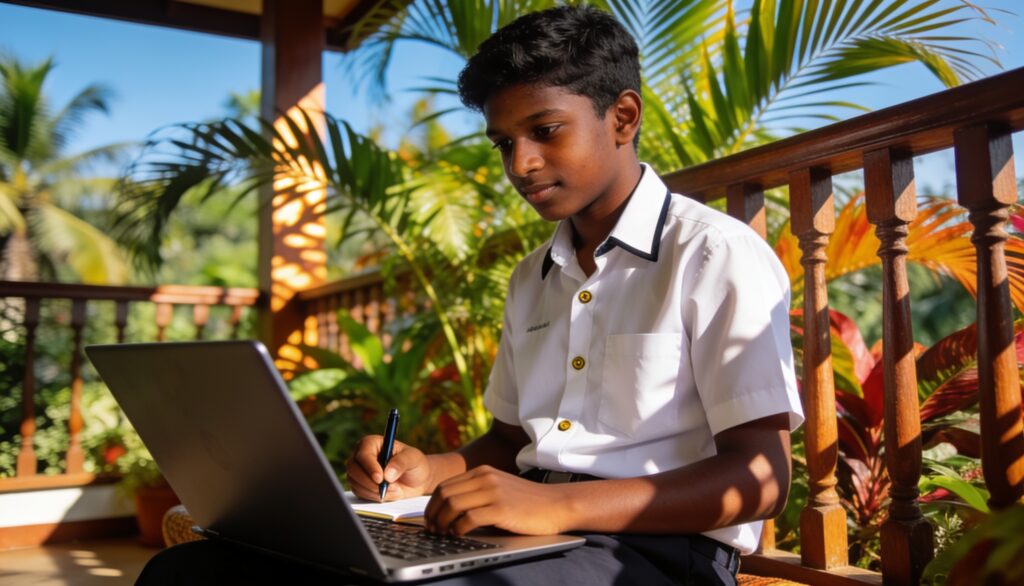 Sri Lankan high school student in school uniform studying online with a laptop on a tropical veranda, taking notes for Ontario OSSD courses