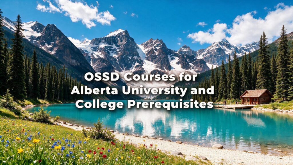 Alberta mountain landscape with text reading OSSD Courses for Alberta University and College Prerequisites