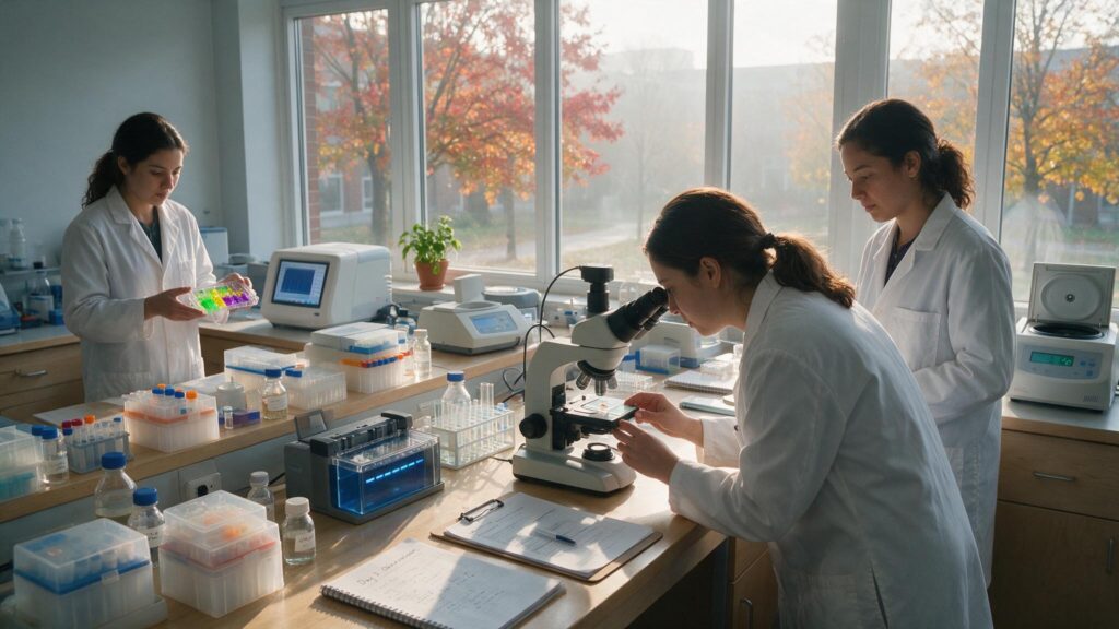 Three biotechnology students in lab coats conducting experiments with a microscope, test tubes and laboratory equipment in a bright university lab.