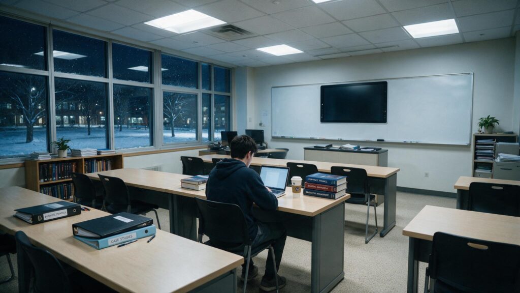 University student studying business and accounting on a laptop in a classroom overlooking a snowy campus.