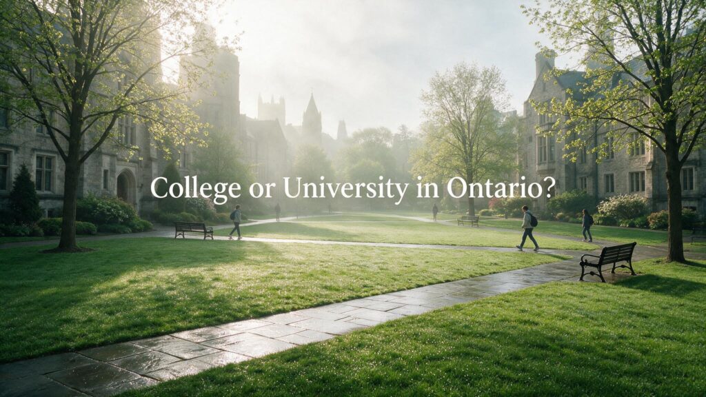 Students walking across a sunlit campus quad framed by Gothic stone buildings, representing the college or university choice in Ontario.