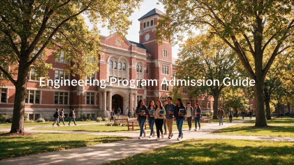 Ontario university campus with students walking outside, featuring the title “Engineering Program Admission Guide.”
