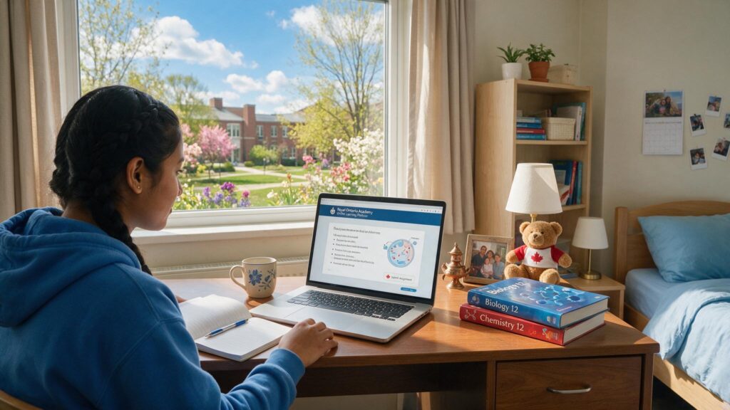 Nepalese student studying online high school courses on her laptop in her room.