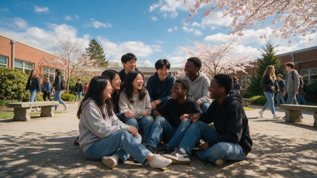 Royal Ontario Academy Grade 12 students talking together outside in a group.