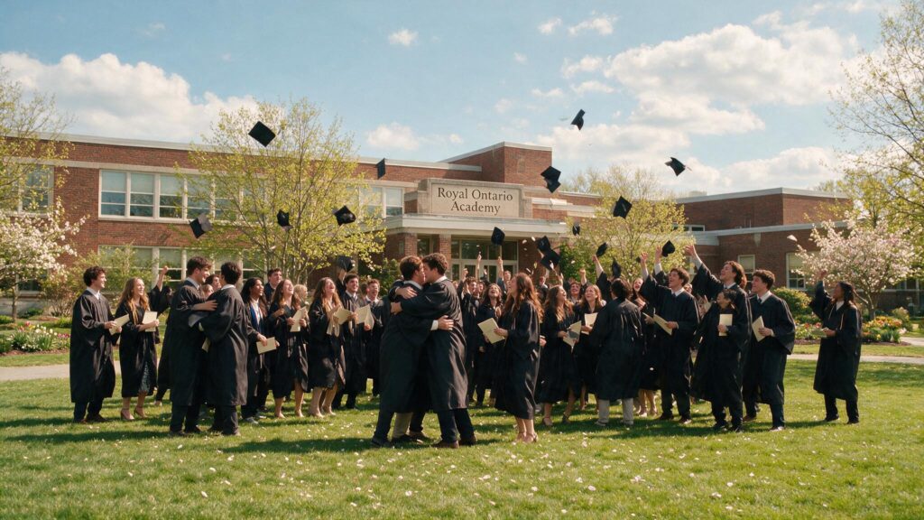 Royal Ontario Academy graduates celebrating the completion of their OSSD diploma outside, in front of a building.